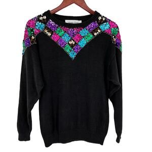 Bonnie Evans Vintage 80s 90s Sequin Black Pink Sweater Blouse Shirt Top Ugly